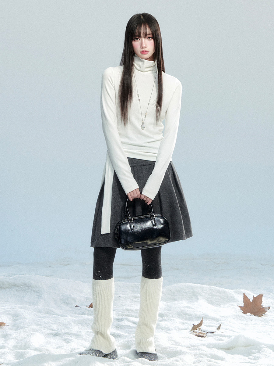 Fitted Ruched High Neck Top With Tie Detail