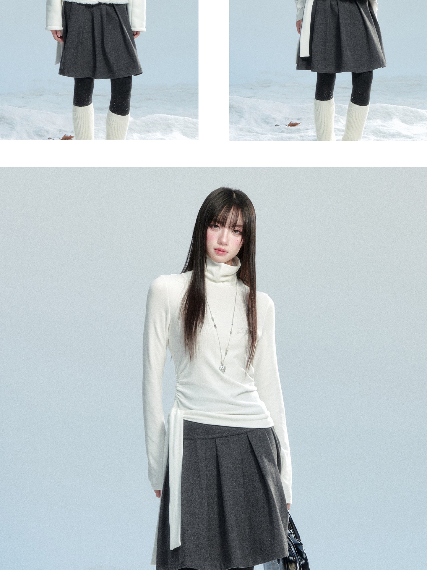 Fitted Ruched High Neck Top With Tie Detail