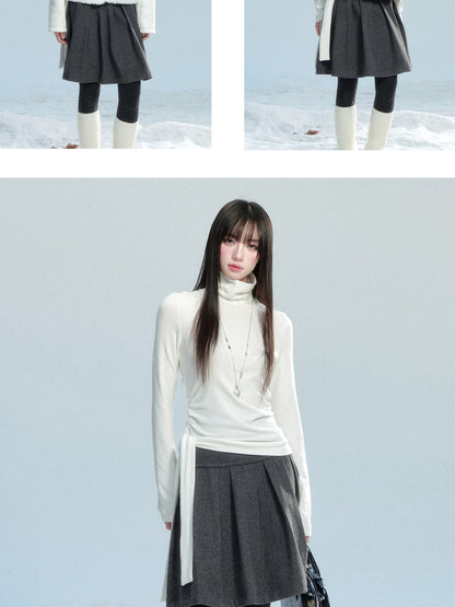 Fitted Ruched High Neck Top With Tie Detail