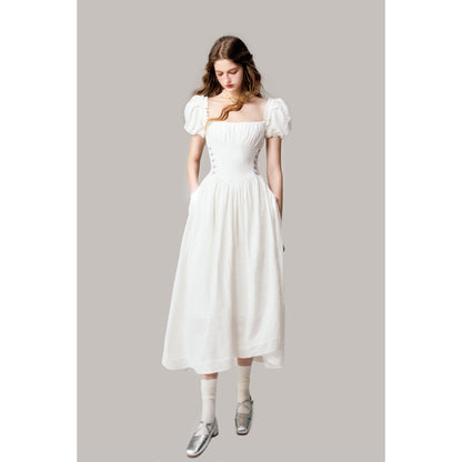 Floral Jacquard Puff Sleeve Corset Waist Dress