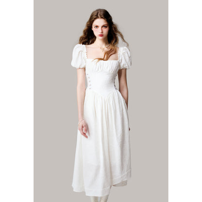 Floral Jacquard Puff Sleeve Corset Waist Dress
