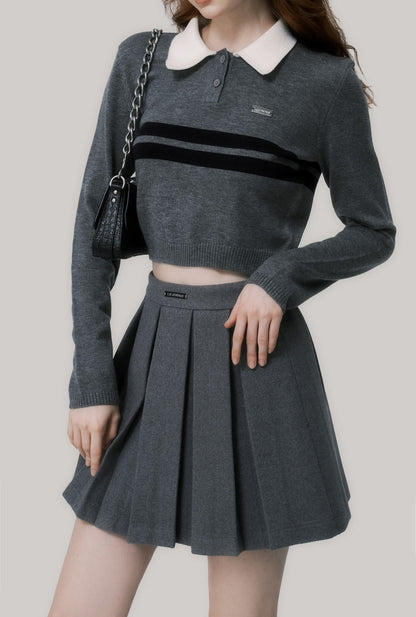 College Style Striped Cropped Polo Sweater