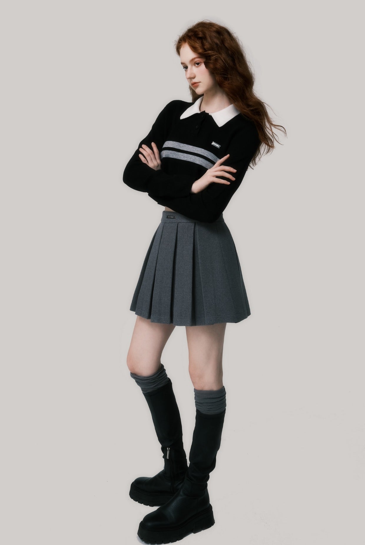 College Style Striped Cropped Polo Sweater