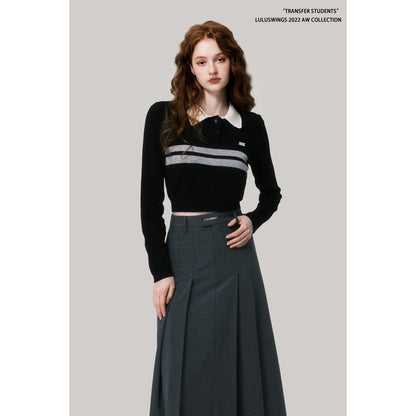 College Style Striped Cropped Polo Sweater
