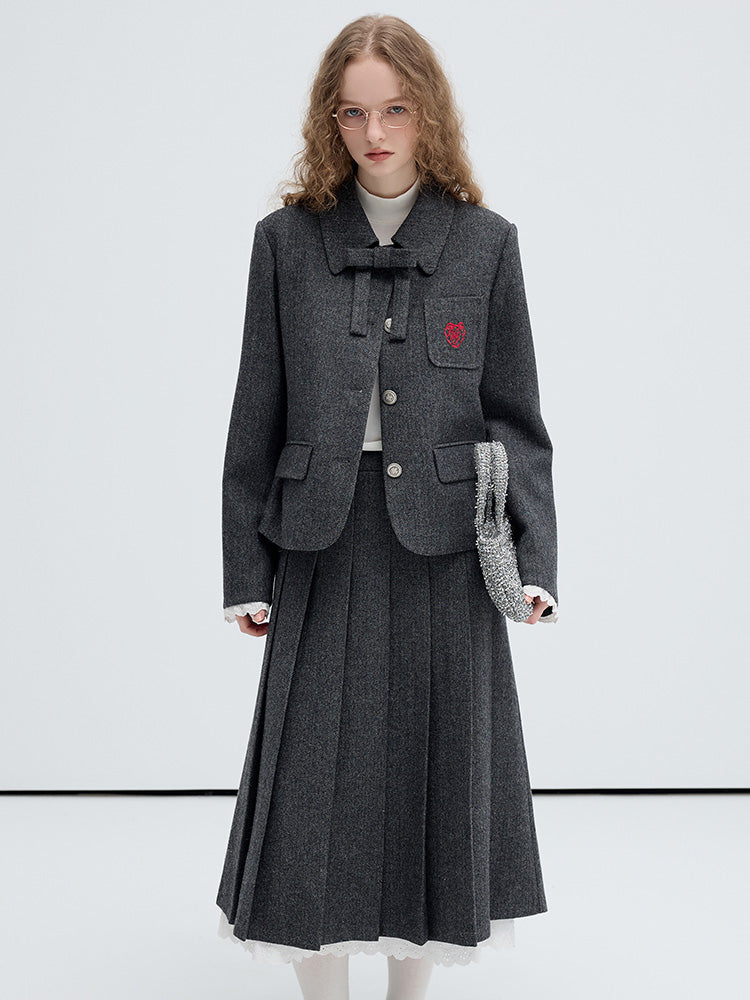 Herringbone Wool Blend Jacket And Pleated Skirt