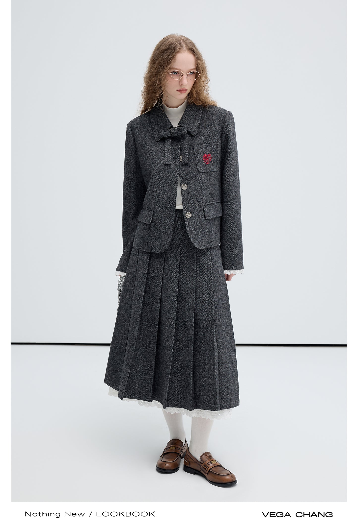 Herringbone Wool Blend Jacket And Pleated Skirt