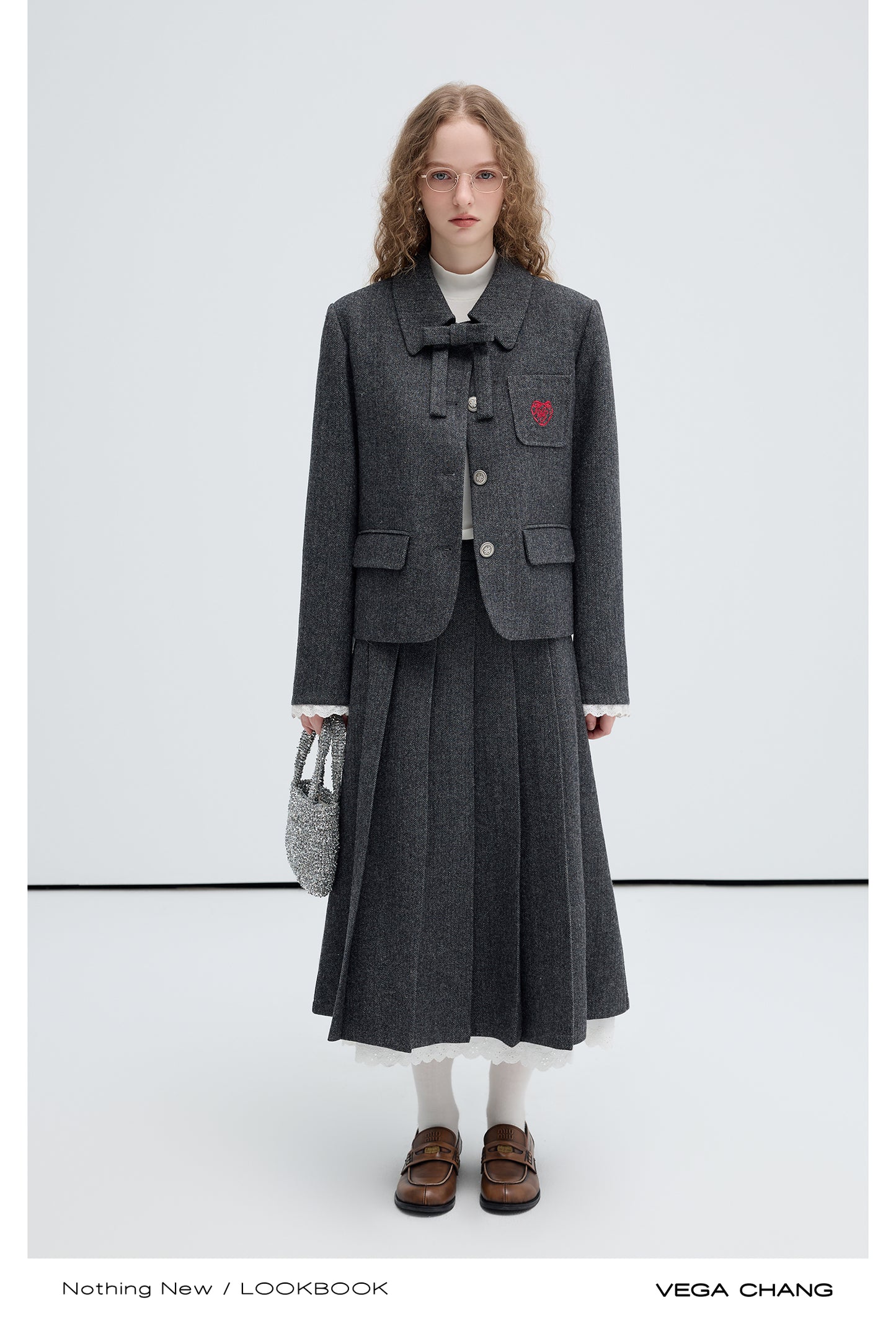 Herringbone Wool Blend Jacket And Pleated Skirt