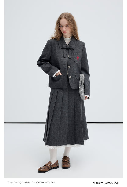 Herringbone Wool Blend Jacket And Pleated Skirt