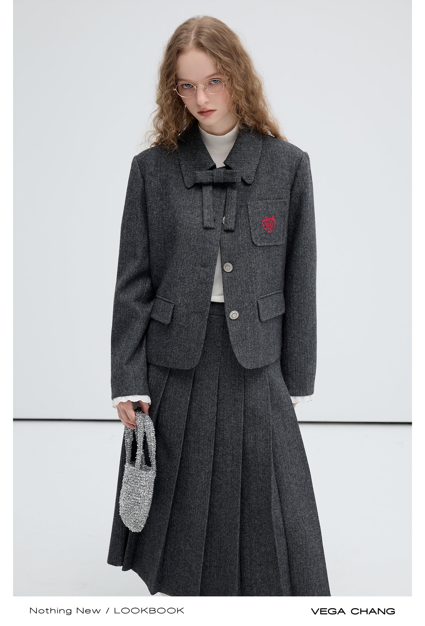 Herringbone Wool Blend Jacket And Pleated Skirt