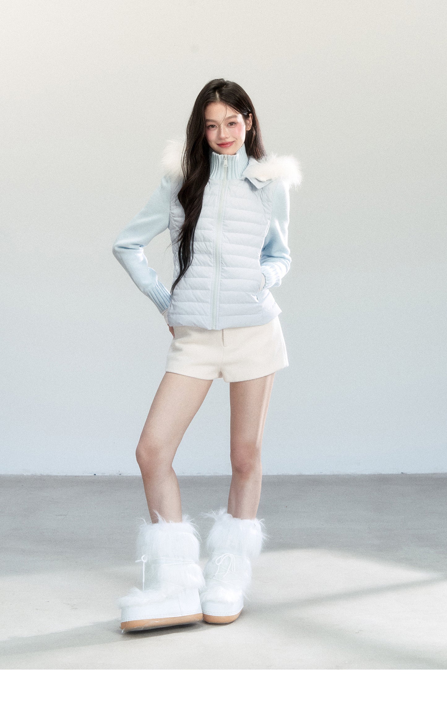 White Duck Down Layered Style Zip-Up Top