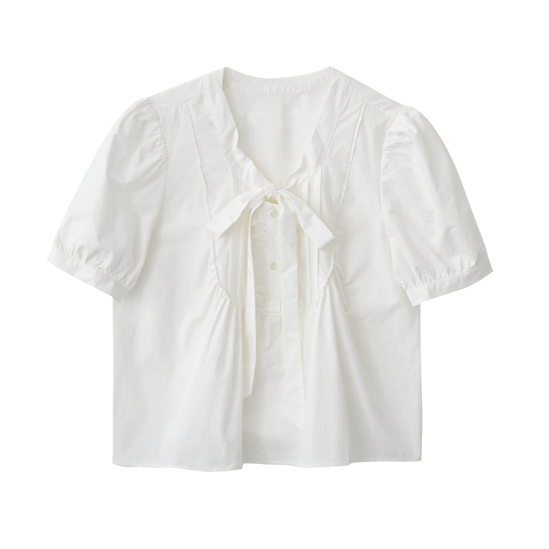 Puff-Sleeve Tie-Neck Pintuck Blouse