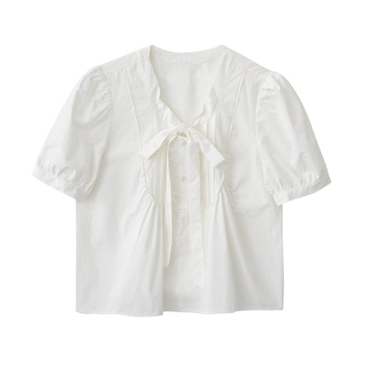 Puff-Sleeve Tie-Neck Pintuck Blouse