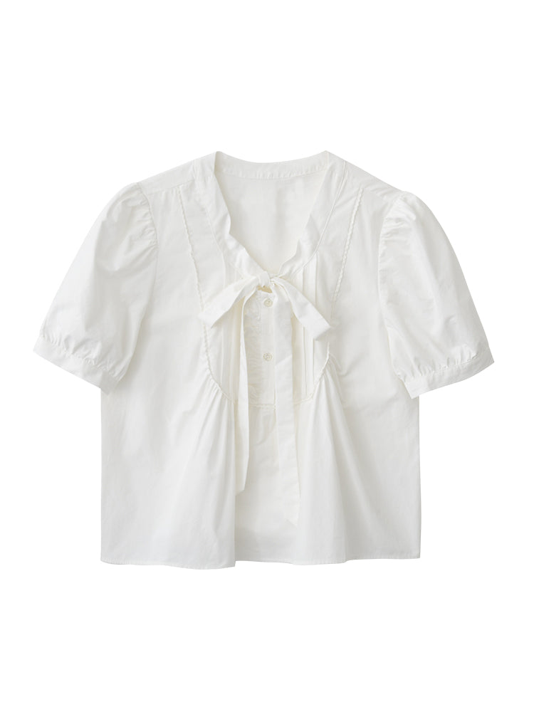 Puff-Sleeve Tie-Neck Pintuck Blouse