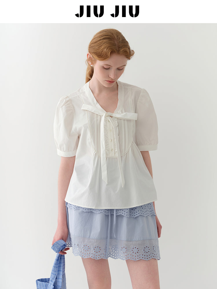 Puff-Sleeve Tie-Neck Pintuck Blouse