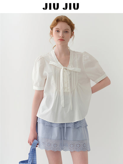 Puff-Sleeve Tie-Neck Pintuck Blouse