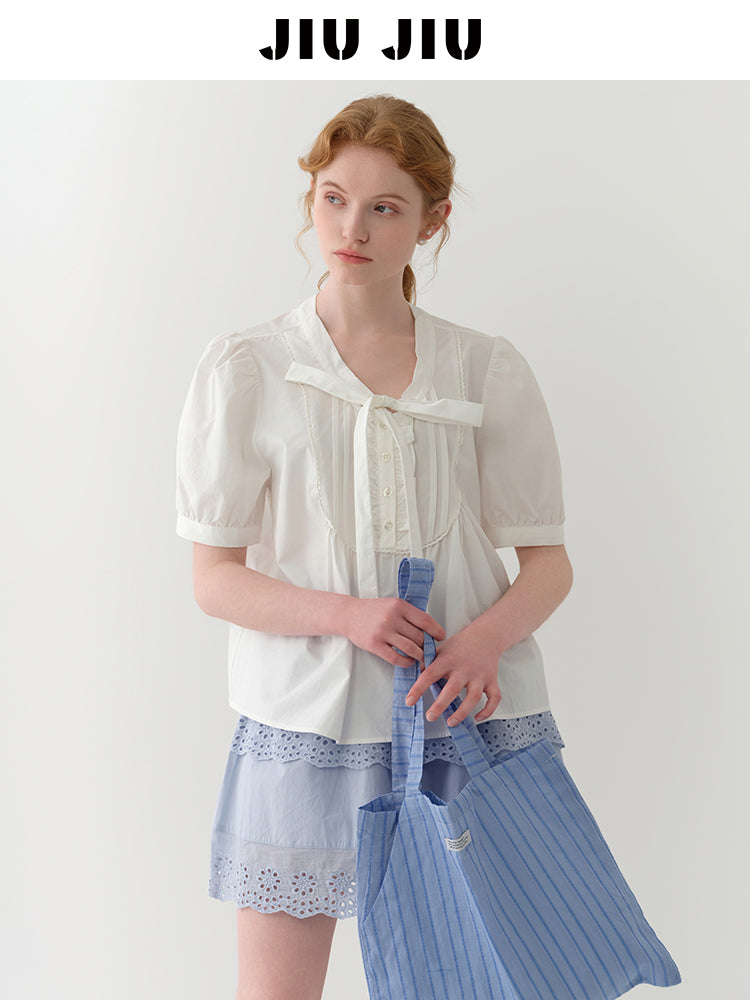 Puff-Sleeve Tie-Neck Pintuck Blouse