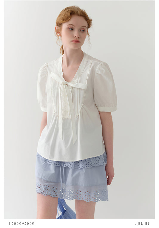 Puff-Sleeve Tie-Neck Pintuck Blouse