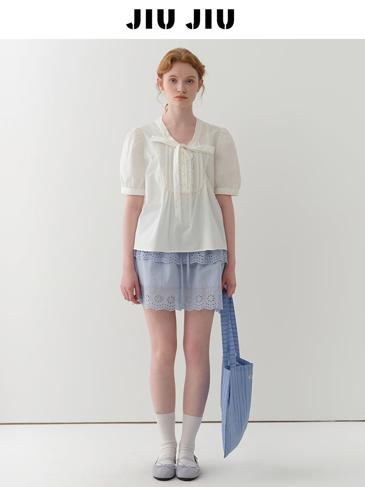 Puff-Sleeve Tie-Neck Pintuck Blouse