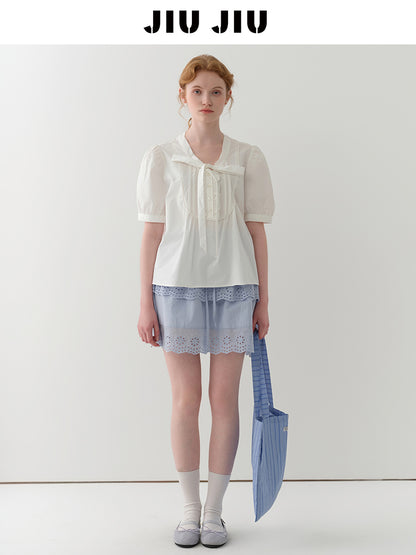 Puff-Sleeve Tie-Neck Pintuck Blouse