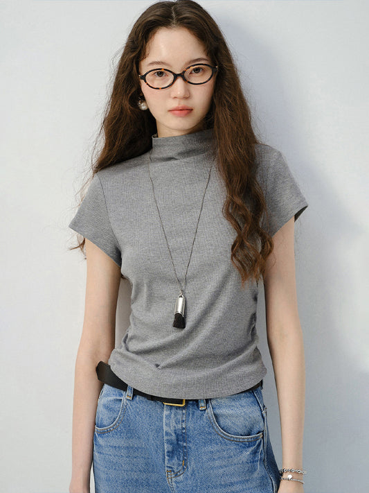 High Neck Draped Basic T-Shirt