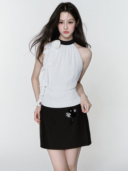 Zip-Up Chiffon Halter Top & Beaded Mini Skirt