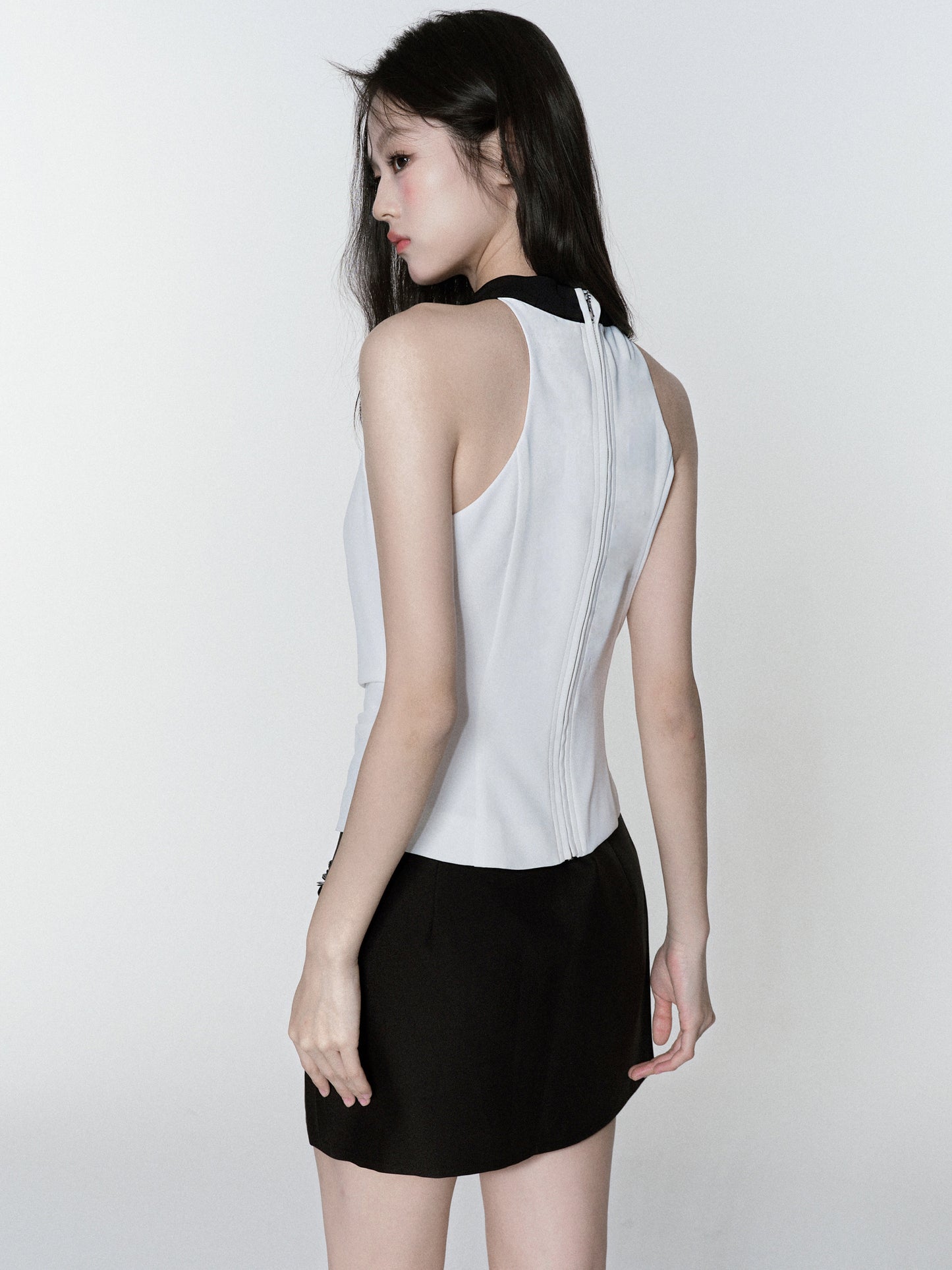 Zip-Up Chiffon Halter Top & Beaded Mini Skirt