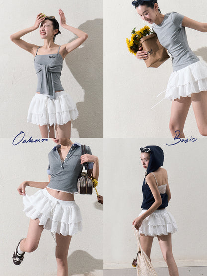 Scallop-Hem Embroidered Tiered Skirt With Shorts
