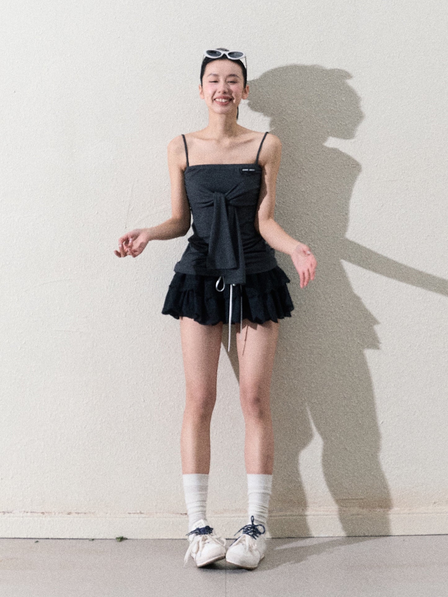 Scallop-Hem Embroidered Tiered Skirt With Shorts