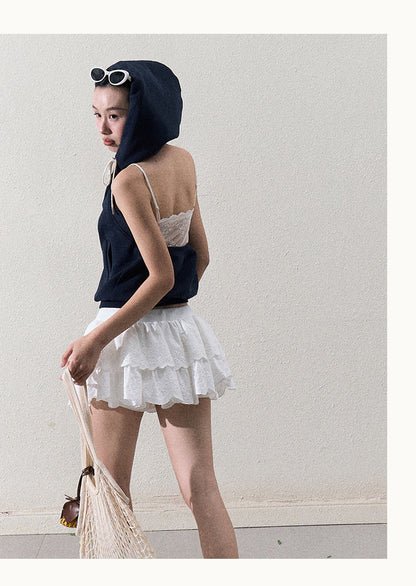 Scallop-Hem Embroidered Tiered Skirt With Shorts