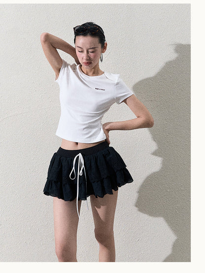 Scallop-Hem Embroidered Tiered Skirt With Shorts