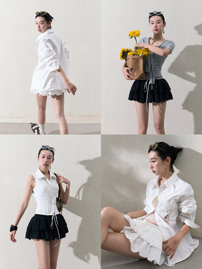 Scallop-Hem Embroidered Tiered Skirt With Shorts