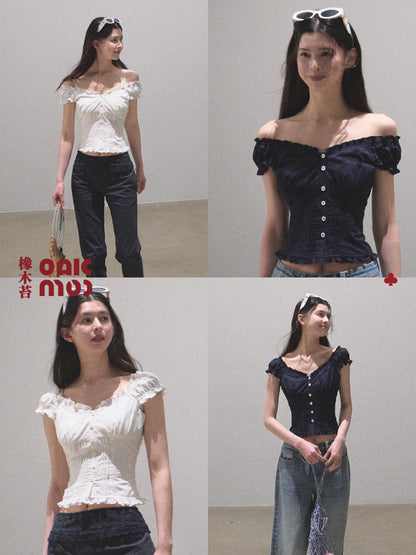 Button-Front Fitted Puff-Sleeve Blouse