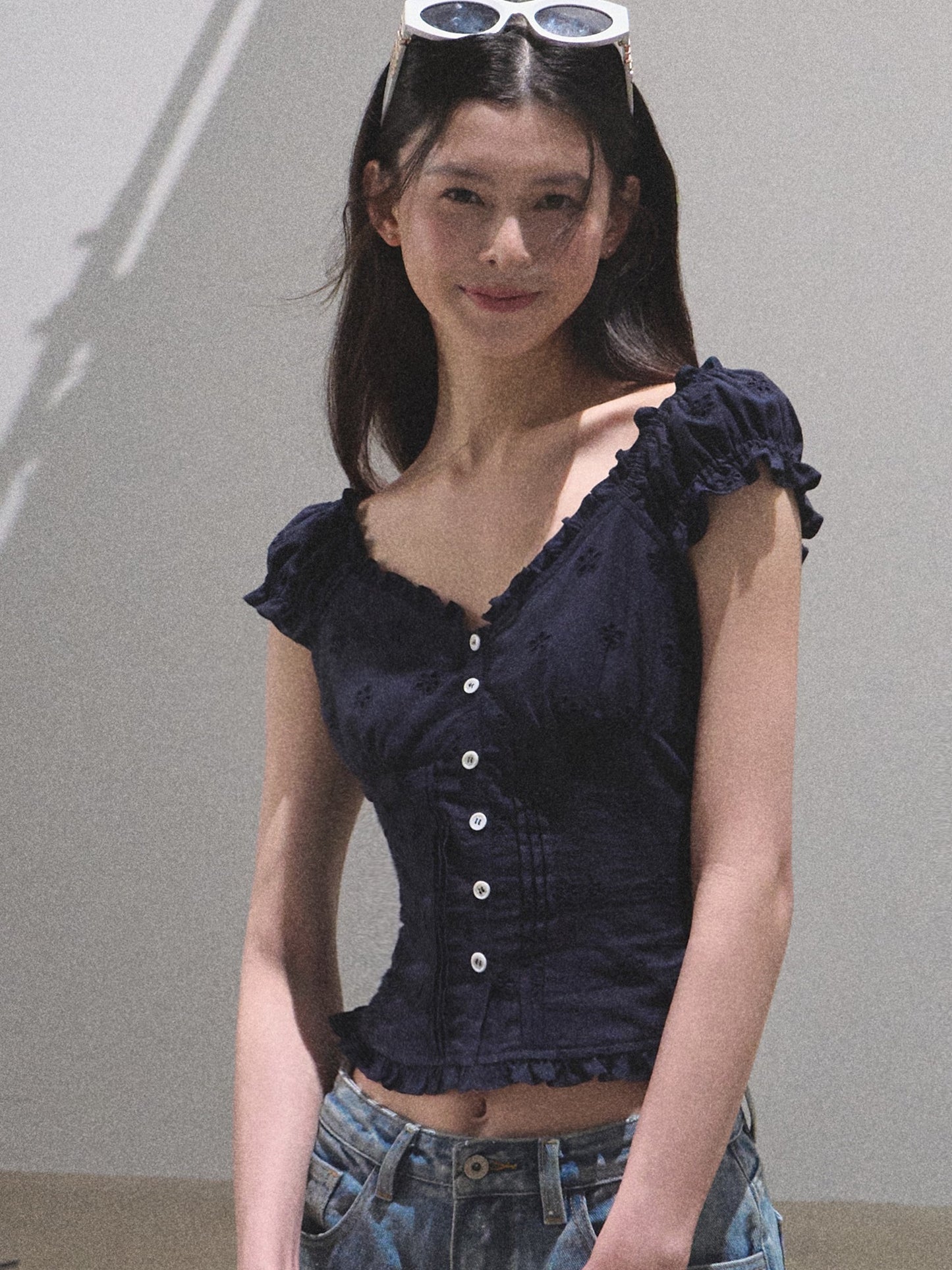 Button-Front Fitted Puff-Sleeve Blouse