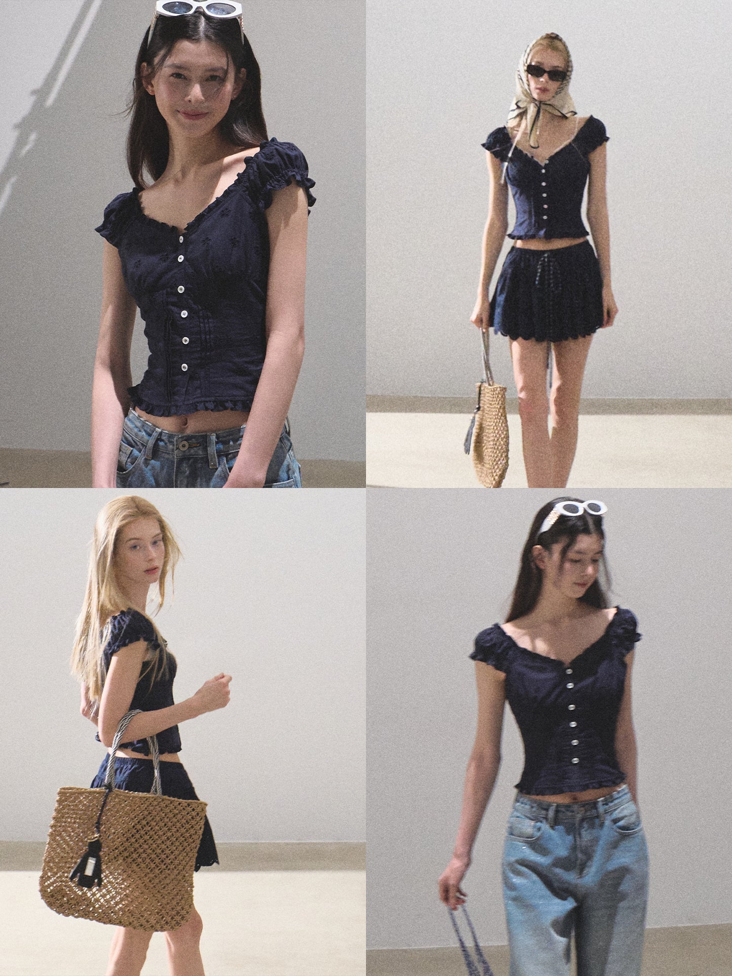 Button-Front Fitted Puff-Sleeve Blouse