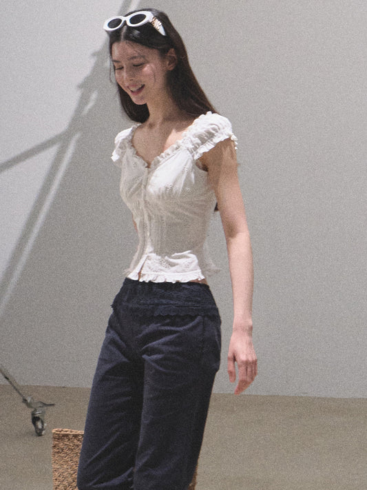 Button-Front Fitted Puff-Sleeve Blouse