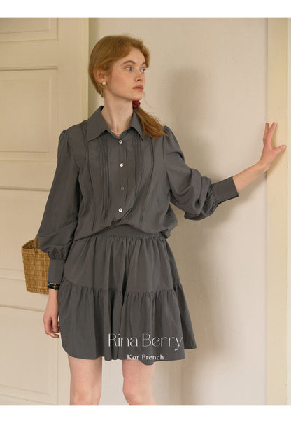 Puff Sleeve Pintuck Blouse And Matching Skirt