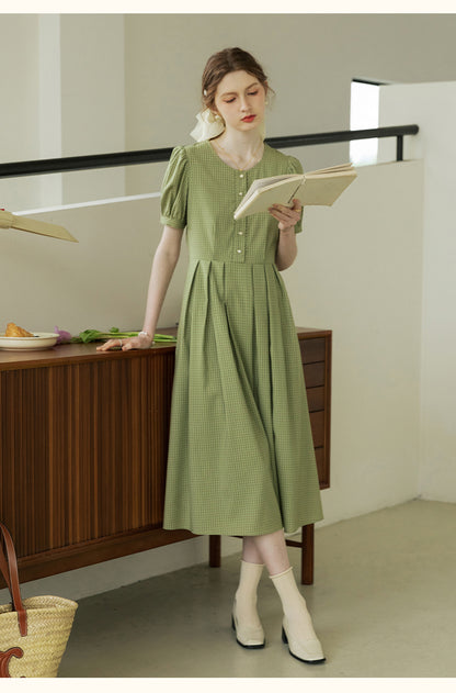 Tiny Plaid Round Collar Puff-Sleeve Dress