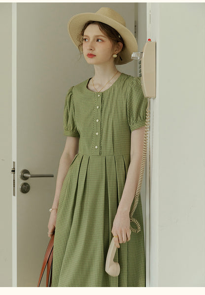 Tiny Plaid Round Collar Puff-Sleeve Dress