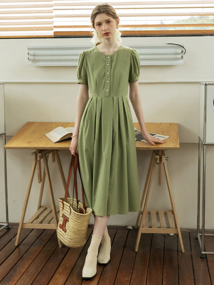 Tiny Plaid Round Collar Puff-Sleeve Dress