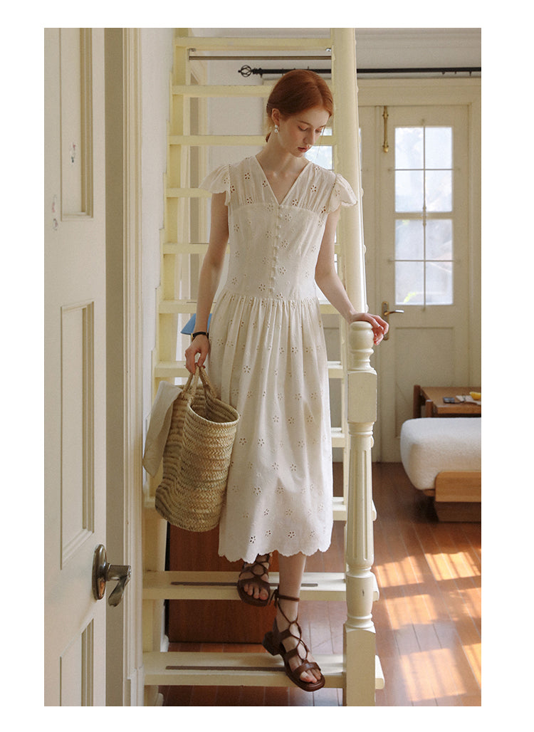Floral Eyelet-Embroidered Flutter-Sleeve Dress