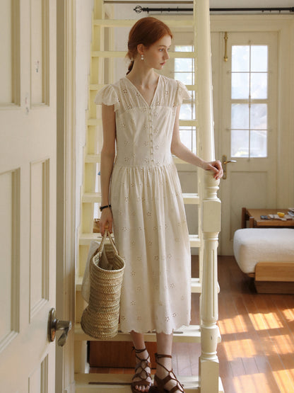 Floral Eyelet-Embroidered Flutter-Sleeve Dress