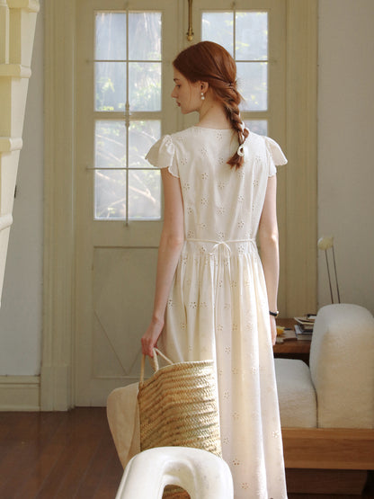 Floral Eyelet-Embroidered Flutter-Sleeve Dress