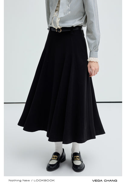 Frilled Tie-Neck Stripe Blouse / Flowy Long Skirt