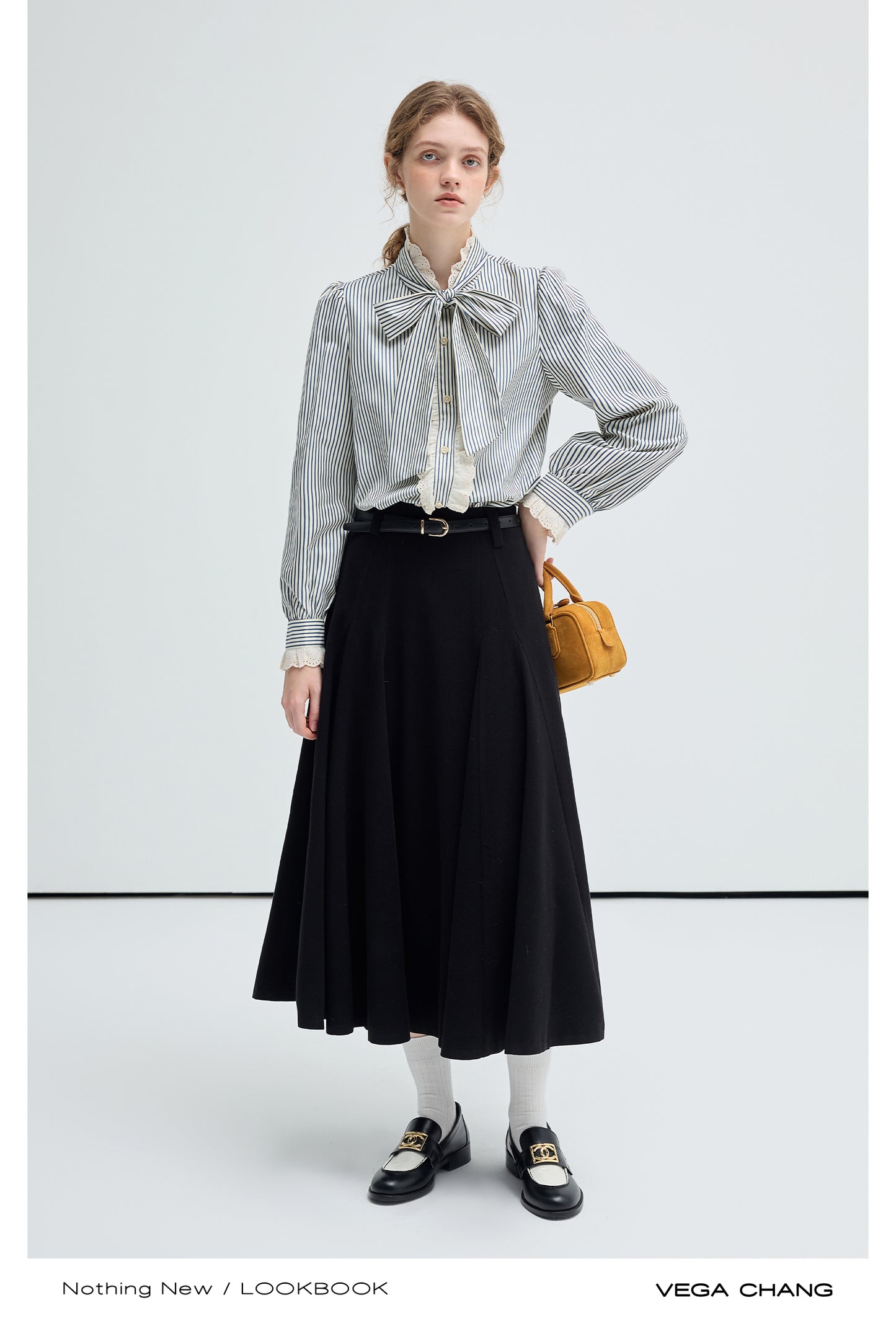 Frilled Tie-Neck Stripe Blouse / Flowy Long Skirt