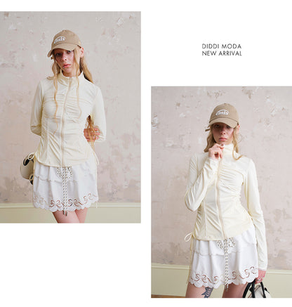 Slim Fit Lace Trimmed Ruched Zip-Up Jacket