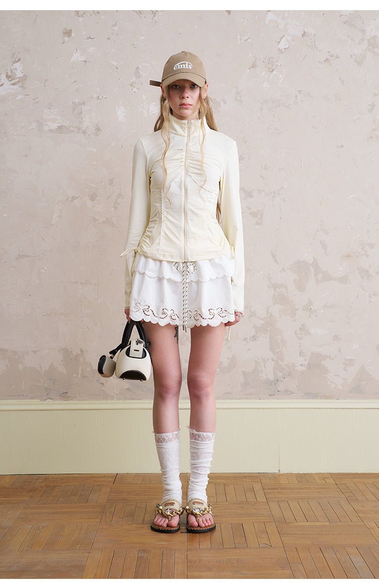 Slim Fit Lace Trimmed Ruched Zip-Up Jacket