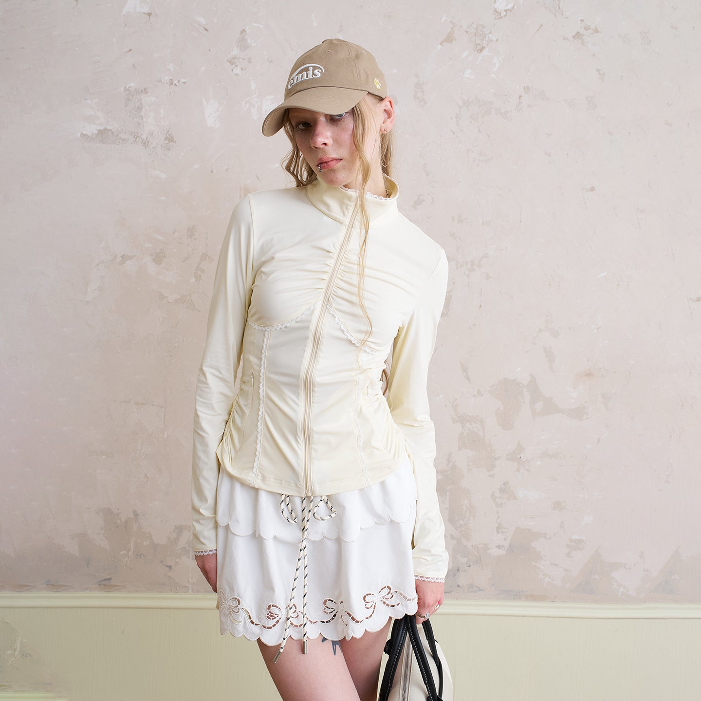 Slim Fit Lace Trimmed Ruched Zip-Up Jacket