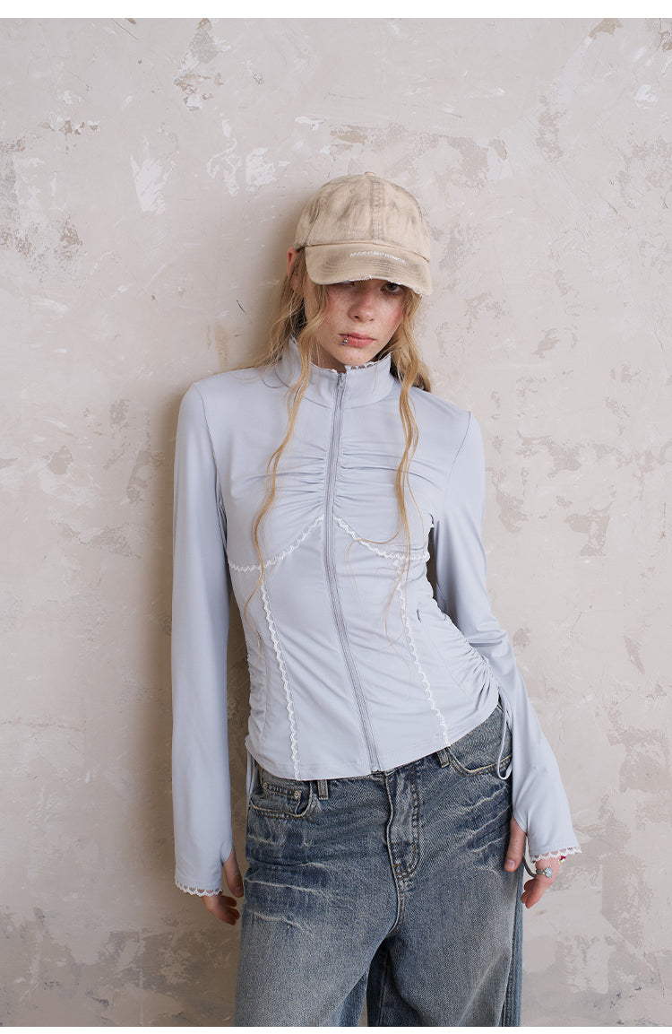 Slim Fit Lace Trimmed Ruched Zip-Up Jacket