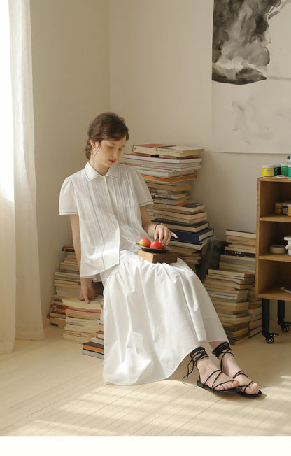 Zig-Zag Stitch Puff-Sleeve Blouse & Maxi Skirt