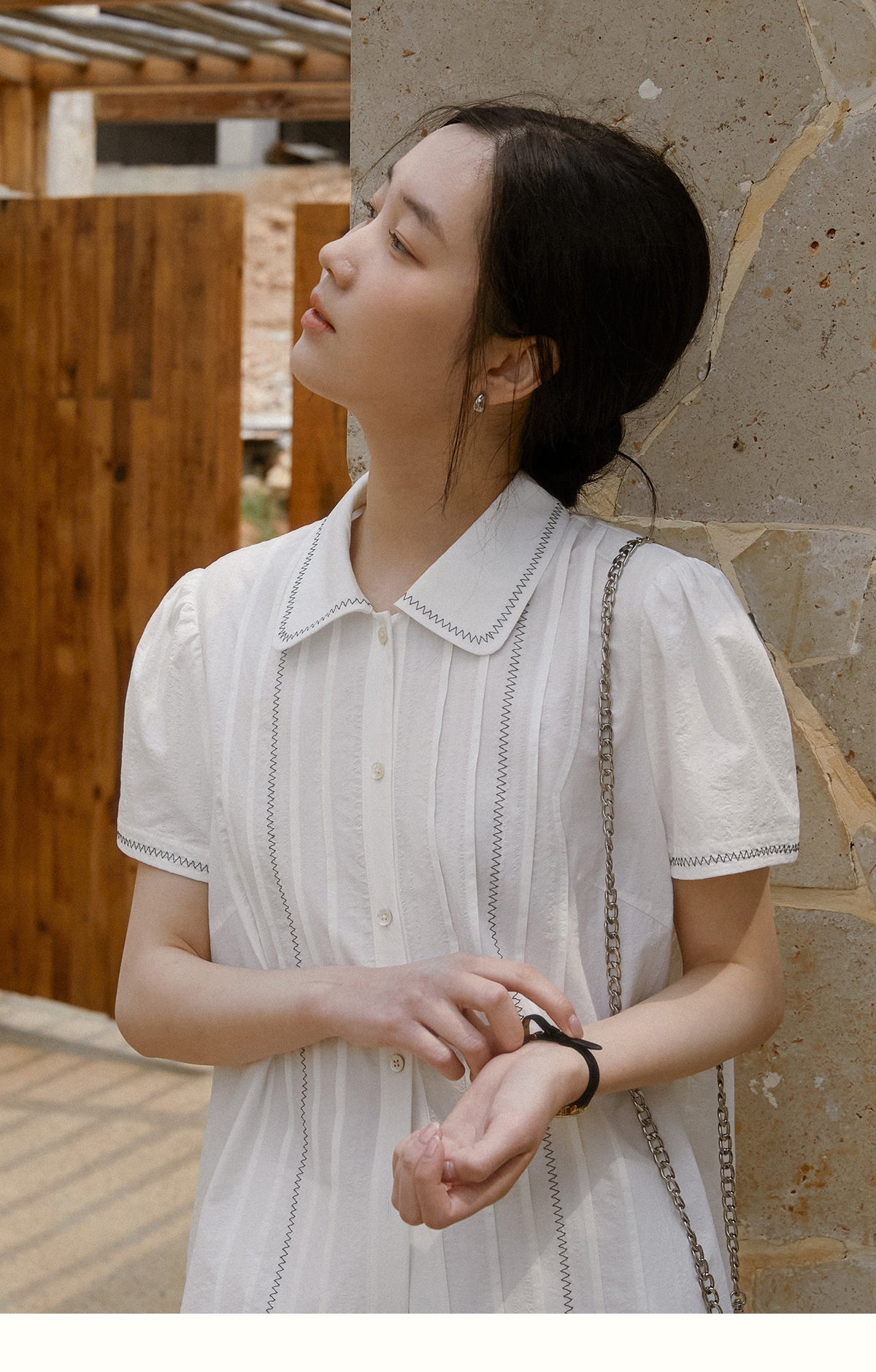 Zig-Zag Stitch Puff-Sleeve Blouse & Maxi Skirt
